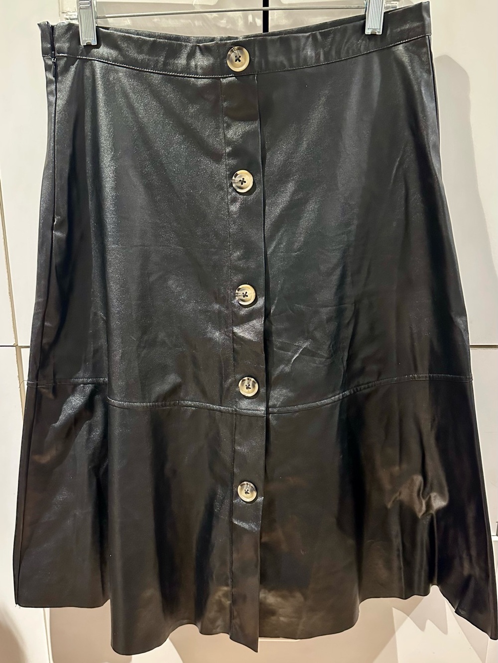 SHEIN Black Faux Leather Button-Front A-Line Midi Skirt